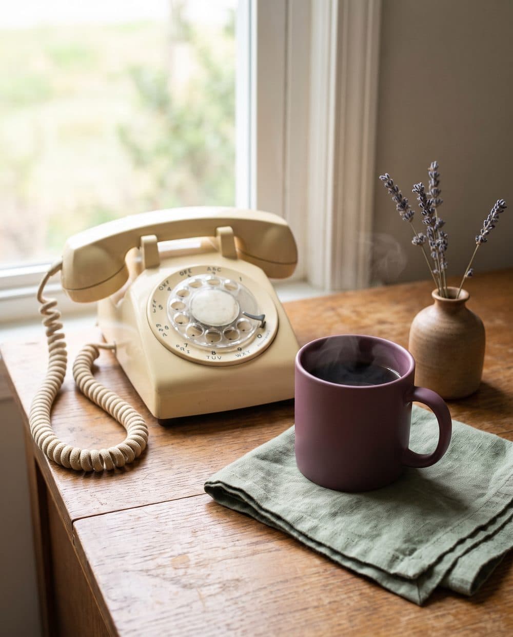 A cream rotary desk phone beside a plum coffee mug and a sprig of lavender