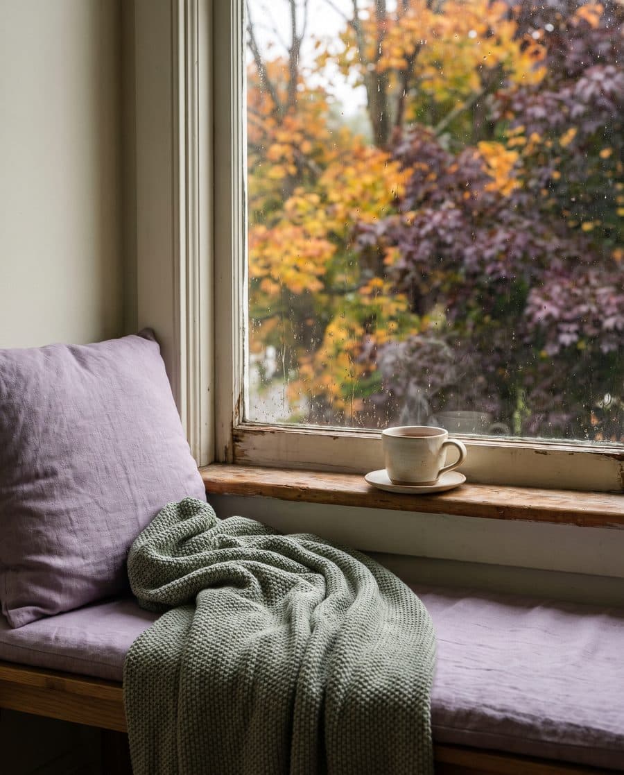 A window seat with a sage green blanket and a cup of tea on a rainy autumn day