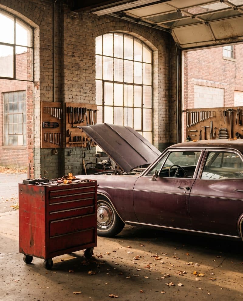 A classic plum sedan in the service bay of an old brick auto repair shop
