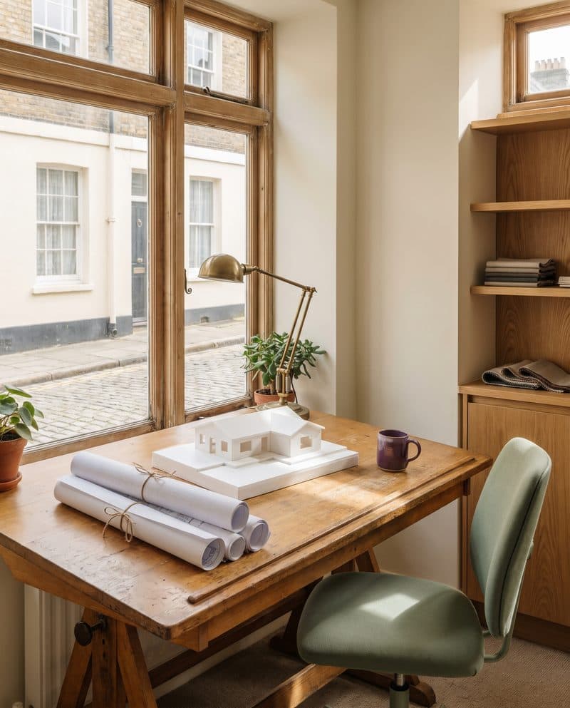 A drafting table with rolled plans and a white model house in a small studio