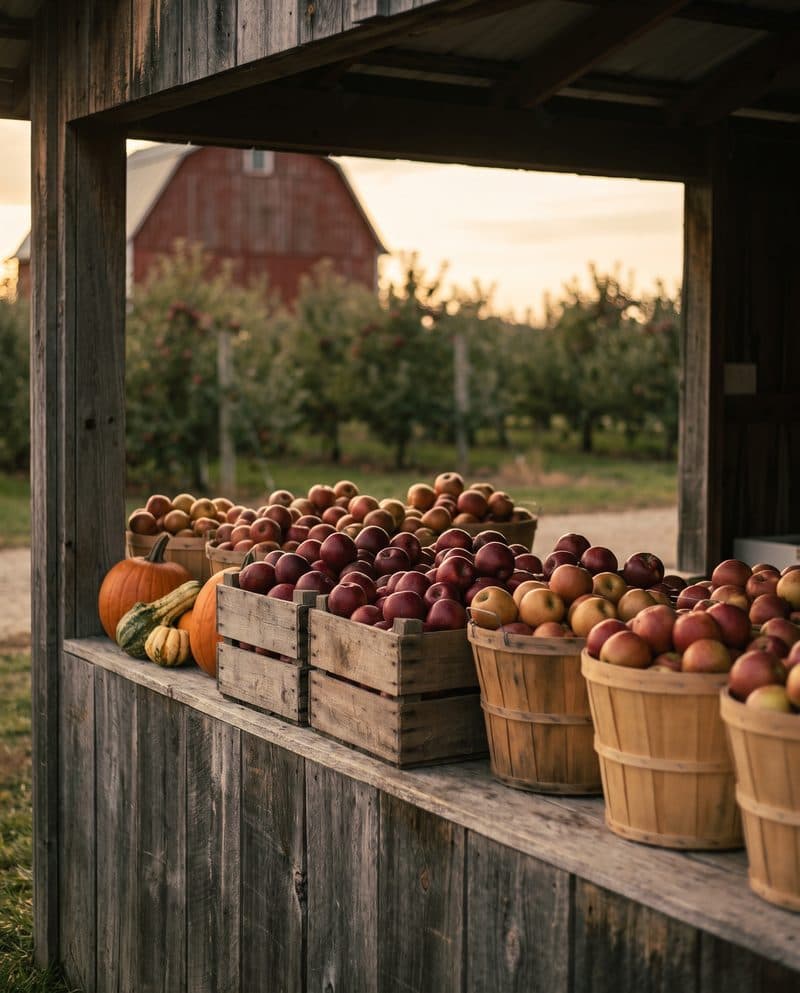 Crates of Michigan apples and pumpkins at a farm stand, with a red barn behind