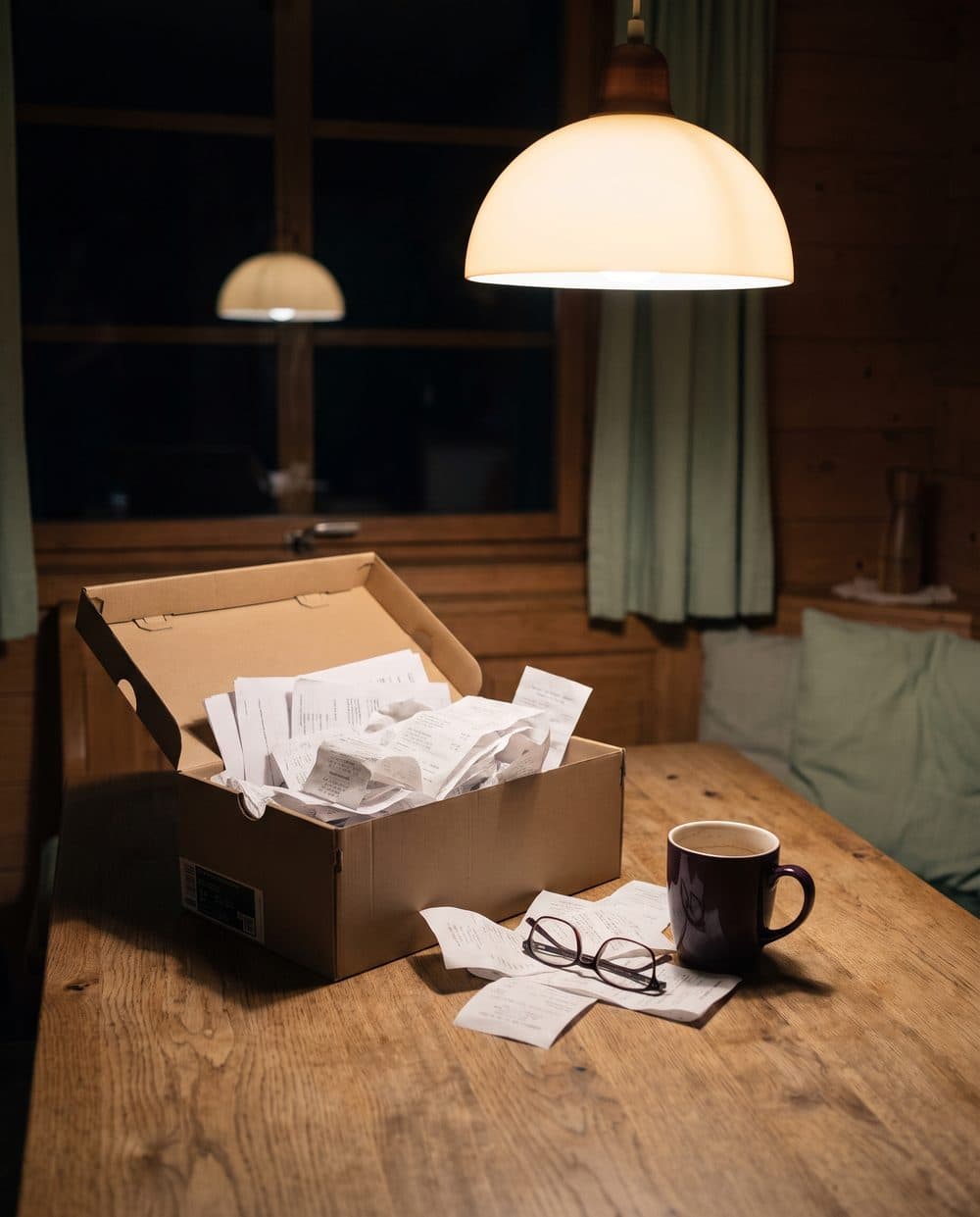 A shoebox overflowing with receipts on a kitchen table late at night