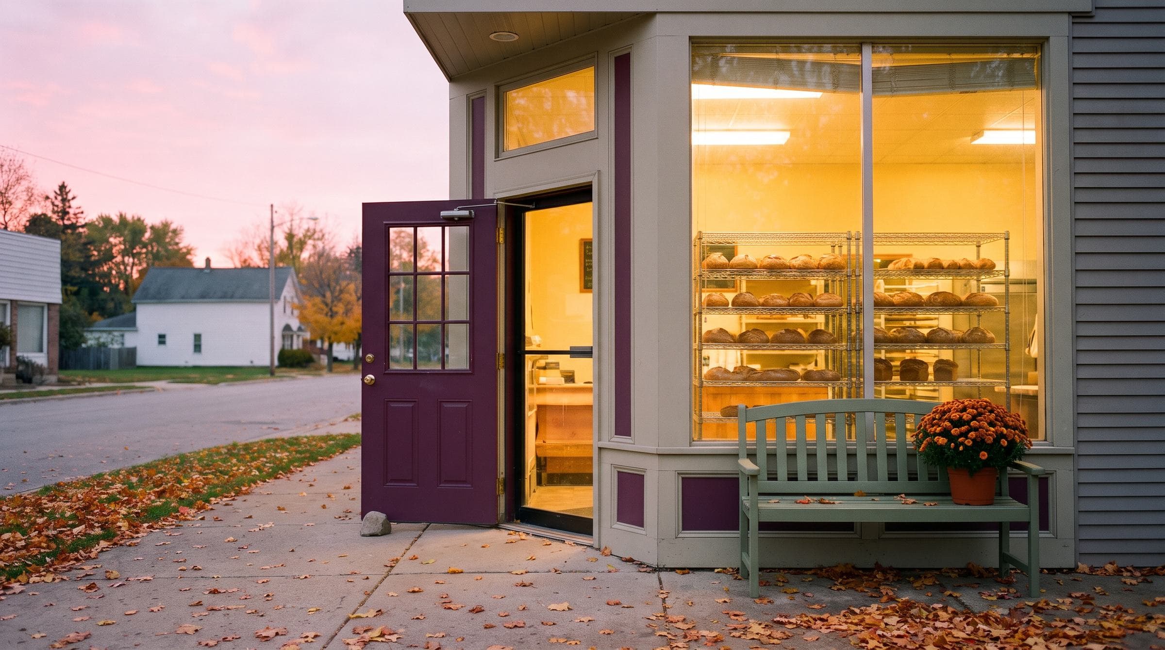 A small contractor's garage workshop with the door open and the lights on at dusk