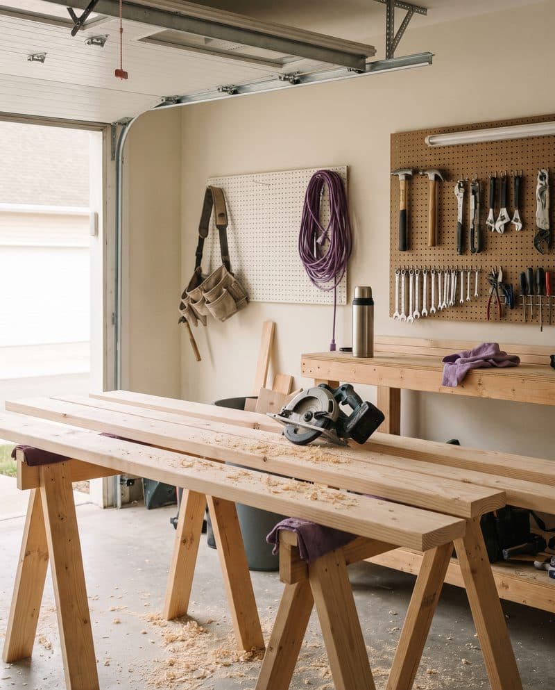Fresh-cut pine boards on sawhorses in a contractor's garage workshop