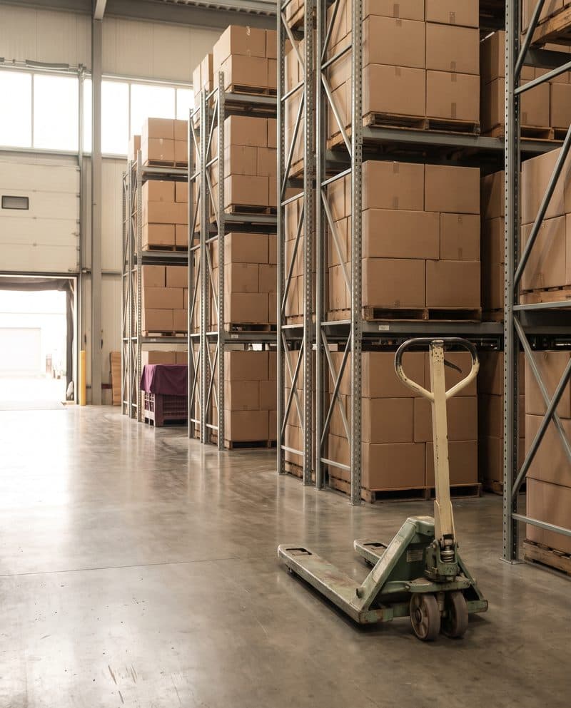 Pallet racks stacked with cardboard boxes and a pallet jack in a bright warehouse
