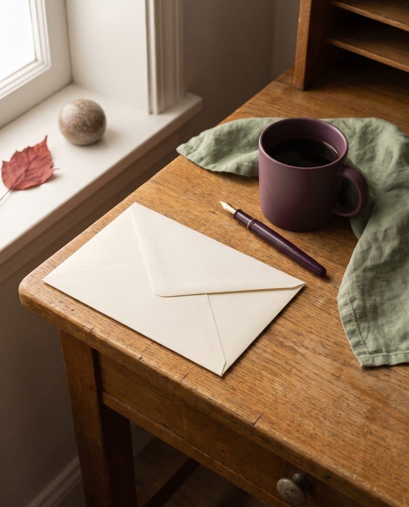 A sealed cream envelope and a plum fountain pen on an oak desk