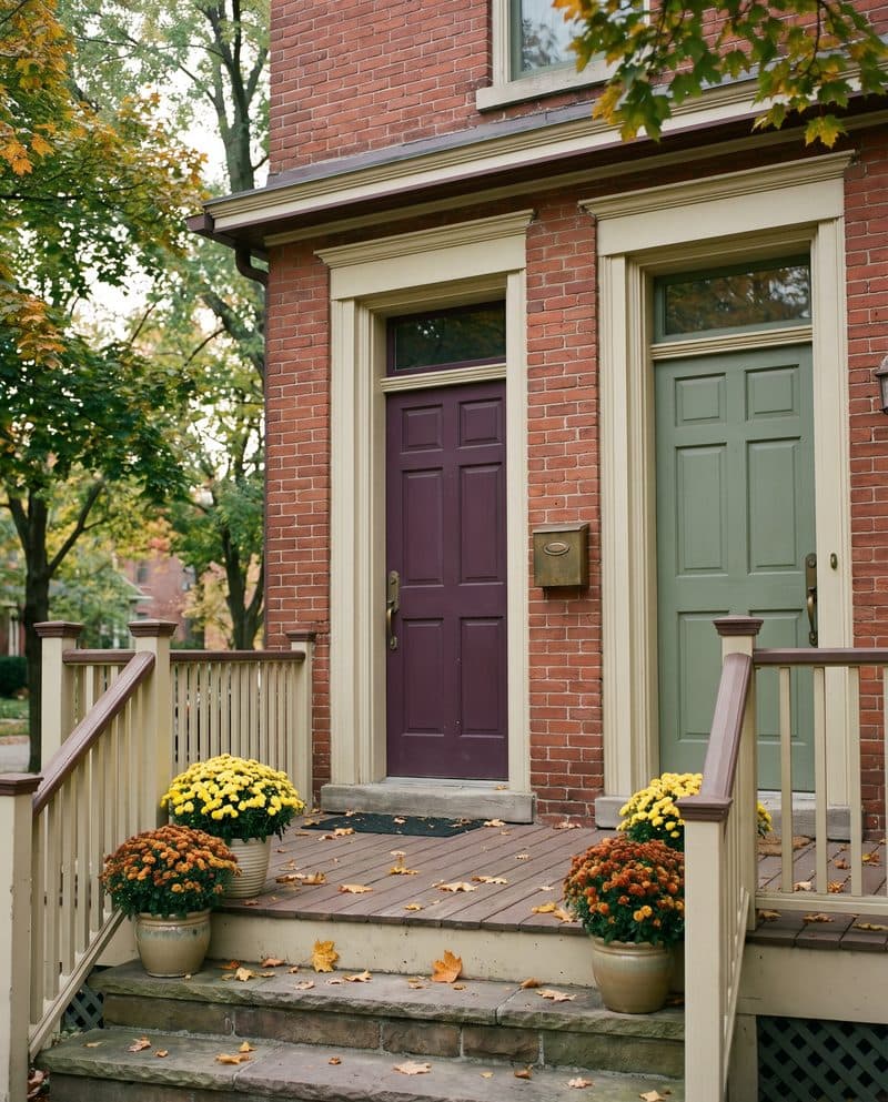 The front porch of a brick duplex with one plum and one sage green door