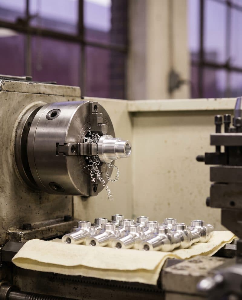 A freshly machined aluminum part in a lathe chuck, with metal shavings below