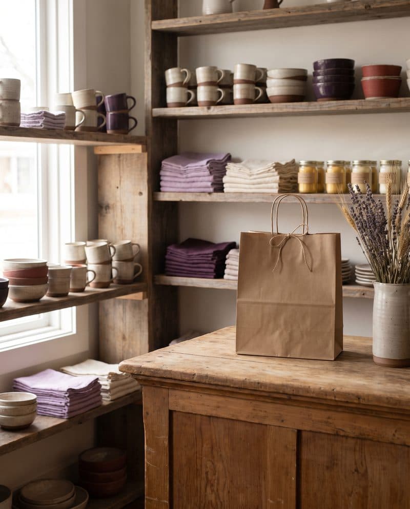 Handmade mugs, folded linens and candles on wooden shelves in a small home goods shop
