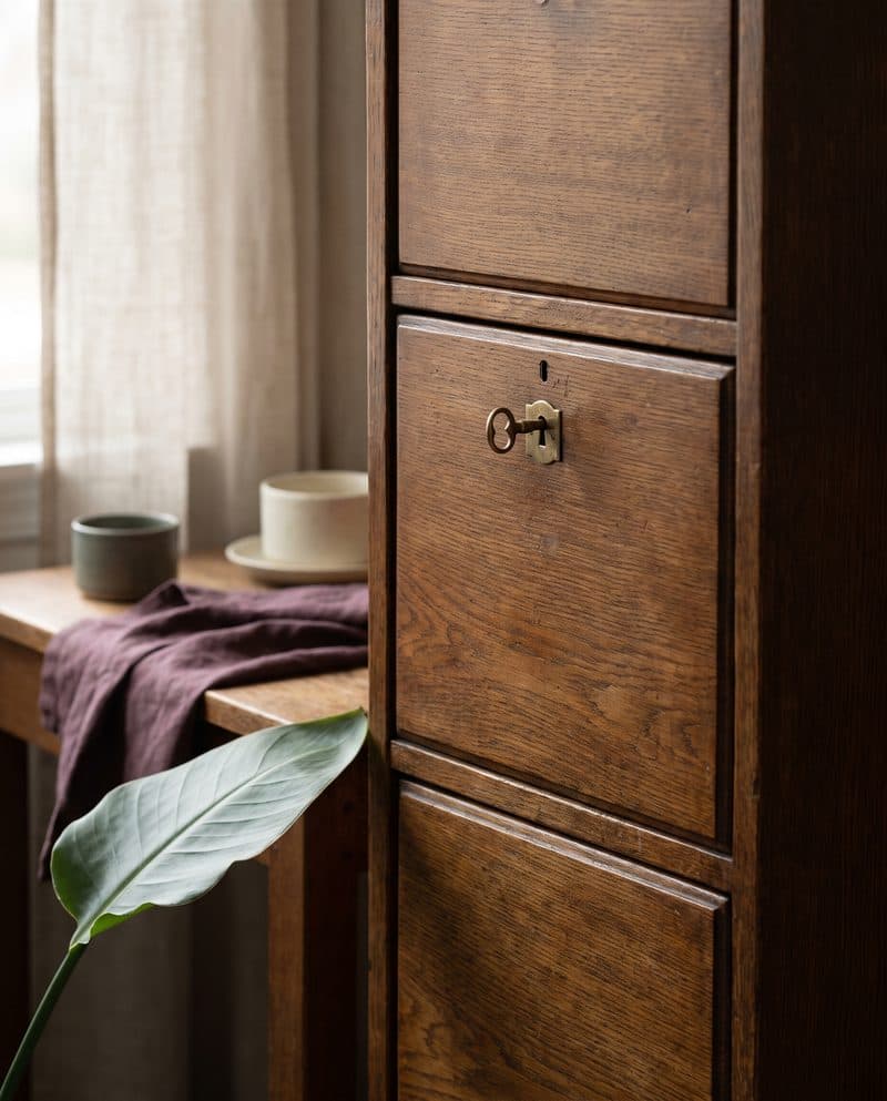 An oak filing cabinet with a small brass lock and key